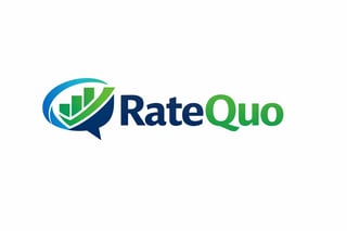 RateQuo logo featuring a blue speech bubble with green bar chart and swoosh design